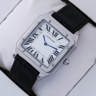 Cartier Santos 100 quartz mens watch replica stainless steel black leather strap